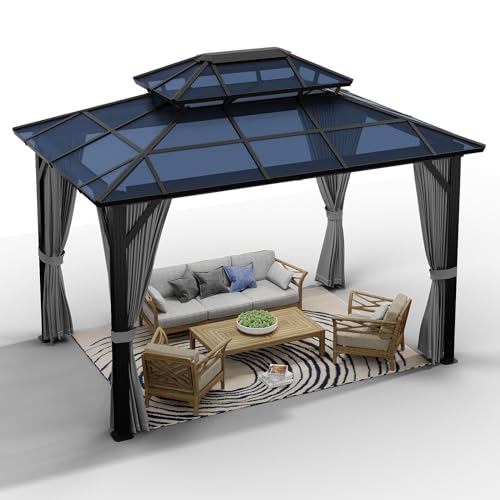 Agrestem 10X13 FT Outdoor Polycarbonate Hardtop Gazebo with Netting and Sunshade Curtains, Grey