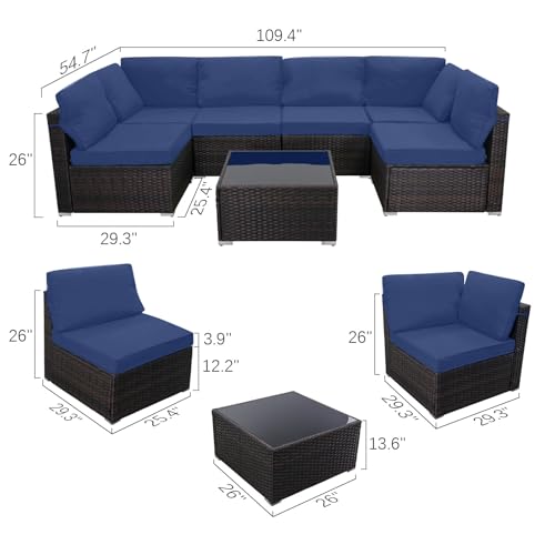 CHABATREE 7-Piece Rattan Outdoor Patio Furniture Set Dark Blue