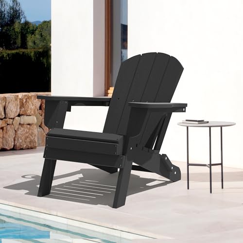 LOUNZY Folding Adirondack Chair Set of 6 All-Weather with Cup Holders Black