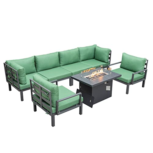 LeisureMod Hamilton 7-Piece Modular Outdoor Sectional Set with Fire Pit Table Green