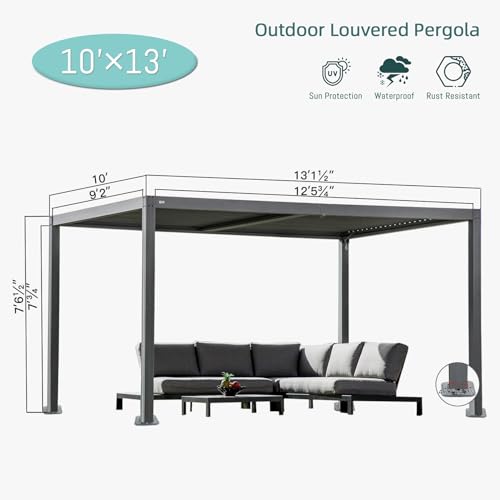 Domi Outdoor Living Louvered Pergola 10x13FT Aluminum Rainproof Backyard with Curtains and Netting Gray