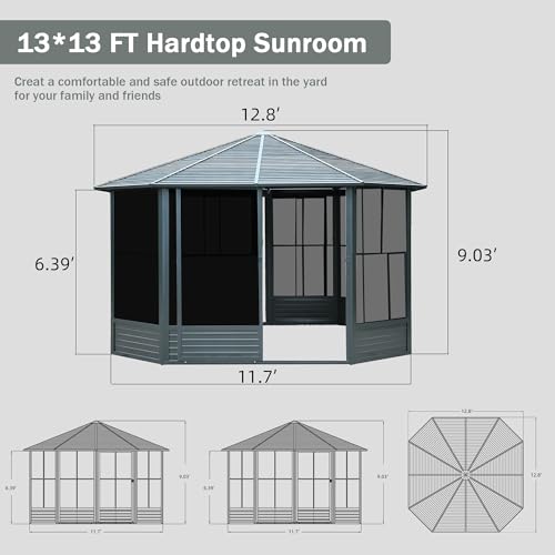 ZJBFXY88 13x13 FT Octagonal Sunroom Gazebo with Lockable Sliding Door Dark Gray
