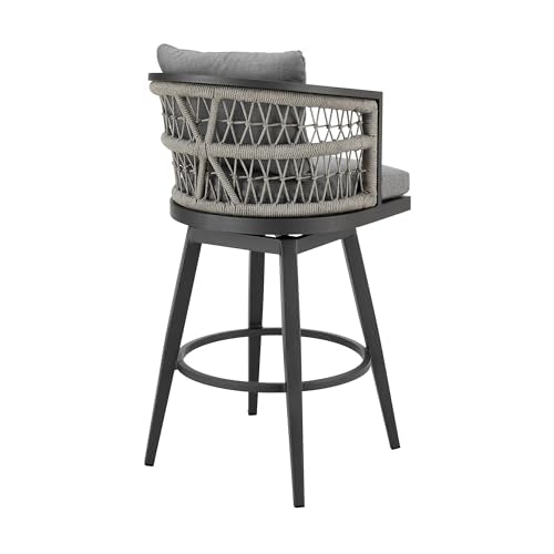 Armen Living Zella Outdoor Patio Swivel Bar Stool Aluminum Light Gray Rope Earl Gray Cushions