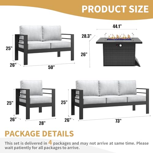 LayinSun Aluminum Furniture Set with Fire Pit Table, 5 Pieces Patio Sectional Chat Sofa Black