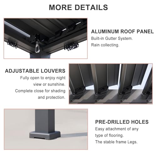 oneinmil Louvered Aluminum Pergola with Adjustable Top for Outdoor Decks, Gardens, Backyards