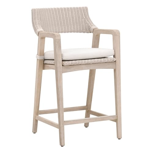 Benzara 28 Inch Outdoor Counter Stool Chair Synthetic Wicker Gray White