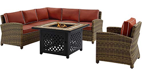 Crosley Furniture Bradenton 5-Piece Wicker Outdoor Sectional Sofa Set with Fire Pit Table Brown with Sangria Cushions