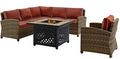 Crosley Furniture Bradenton 5-Piece Wicker Outdoor Sectional Sofa Set with Fire Pit Table Brown with Sangria Cushions