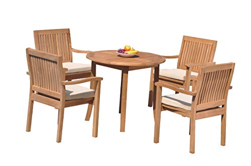 WholesaleTeak 5-Piece Grade-A Teak Wood Dining Set with 36" Round Table and 4 Stacking Arm Chairs Teak