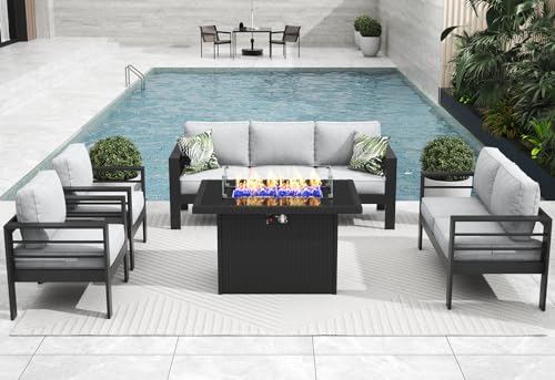 Vakollia 5 Pieces Modern Aluminum Patio Furniture Set with Fire Pit Table Black/Glass Top