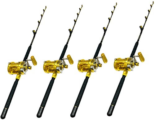 EAT MY TACKLE 50W 2-Speed Reels on 100-120 lb. Tournament Rods 4 Pack Yellow/Gold