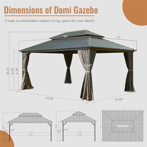 LOPOO Hardtop Gazebo with Aluminum Frame and Steel Double Roof Canopy - Grey