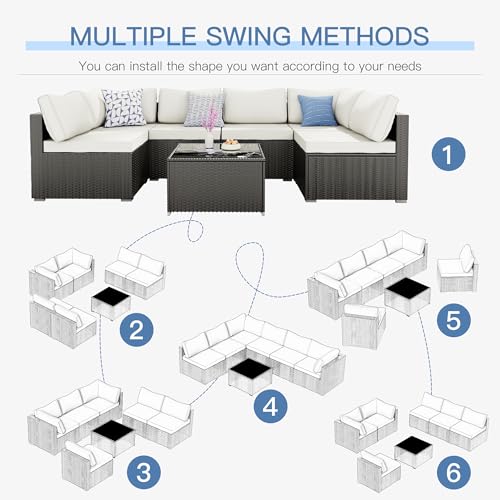 Skyfish 7 Pieces Patio Furniture Set Outdoor Sectional Wicker Rattan with Cushion and Glass Table Black & Beige