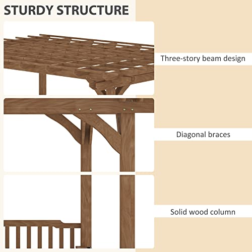 Outsunny 14' x 10' Outdoor Pergola Wooden Grill Gazebo with Bar Counters and Seating Benches Brown