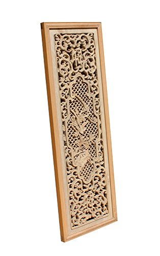 Orientliving Chinese Rectangular Wood Flower Bird Carving Wall Panel Plaque Brown