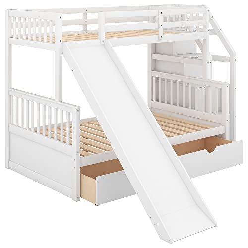 Flieks Twin Over Full Bunk Bed with Drawers and Slide White