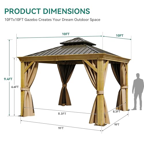 YITAHOME 10x10ft Hardtop Gazebo with Nettings & Curtains, Brown