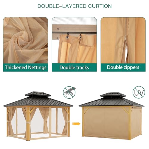 Agrestem 10X12FT Outdoor Galvanised Steel Hardtop Gazebo with Netting and Sunshade Curtains Wood Grain