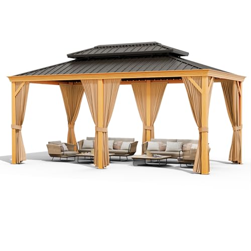 Litake 12x20ft Hardtop Gazebo Double Roof with Nettings and Curtains Brown