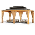Euker 12x20 FT Outdoor Hardtop Gazebo Heavy-Duty Galvanized Steel Double Roof with Netting and Sunshade Curtains Wood Grain