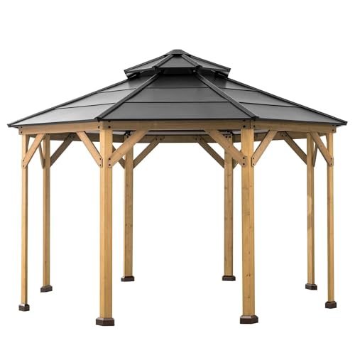Sunjoy Ion Collection 13x13 ft Cedar Framed Octagon Wood Gazebo with Brown Steel Hardtop Roof