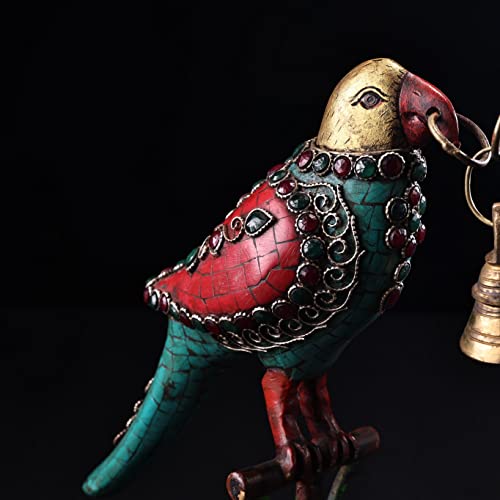 Generic 14" Tibetan Temple Collection Old Bronze and Gold Painted Gem Turquoise Bird Wind Chimes