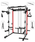 EonfitOmni Power Rack Home Gym Power Cage with Pulley System Cable Crossover LAT Pulldown Fitness Machine Red