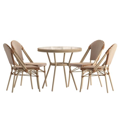 EMMA + OLIVER Colmar Indoor/Outdoor Bistro Set Natural & White Rattan with Light Natural Frame