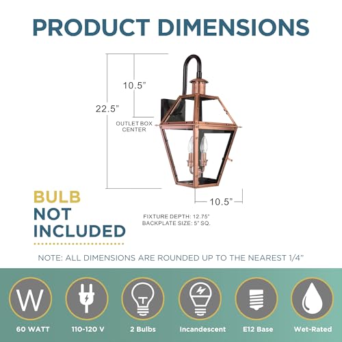 Quoizel Rue De Royal Charleston Outdoor Wall Lantern 22.5 Inch 2-Light Aged Copper