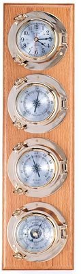 HS Brass Porthole Weather Station with Clock, Barometer, Thermometer & Hygrometer on Oak Wood Base Gold and Brown