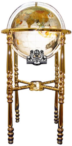 Unique Art Since 1996 Pearl White Gemstone World Globe with Gold Stand
