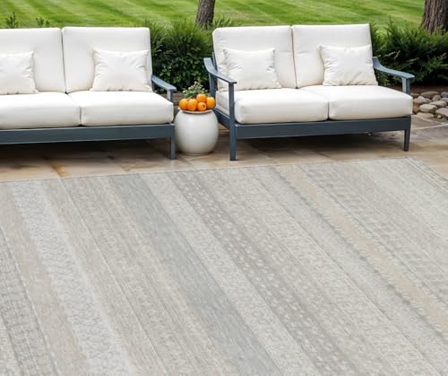 HomeRoots 10' x 14' Ivory Striped Washable Non-Skid Indoor Outdoor Area Rug Ivory