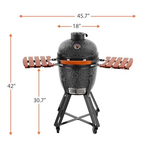 ROOMTEC 18-Inch Kamado Ceramic Charcoal Grill Portable with Cart and Side Shelves Black-B