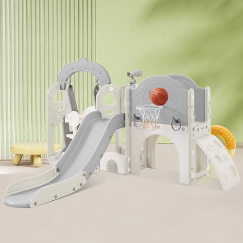 CUAUC 7-in-1 Toddler Slide & Swing Set with Basketball Hoop Grey+White