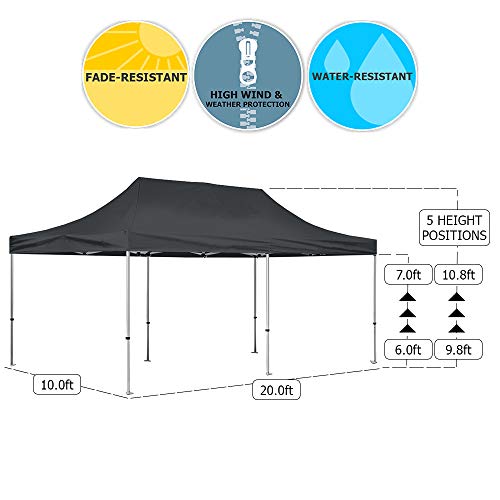 Vispronet 10x20 Instant Canopy Tent with 3 Side Walls - Commercial Grade Steel Frame, Water-Resistant Canopy, Bonus Bag & Stake Kit Black