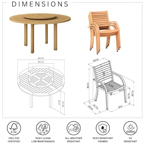 Amazonia Powell 7-Piece Wood Patio Dining Set Round Table with Lazy Susan Light Brown - Teak Finish