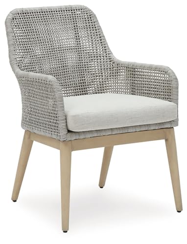 Signature Design by Ashley Seton Creek Cottage Outdoor Dining Arm Chairs with Cushion, Set of 2 Light Brown & Light Gray