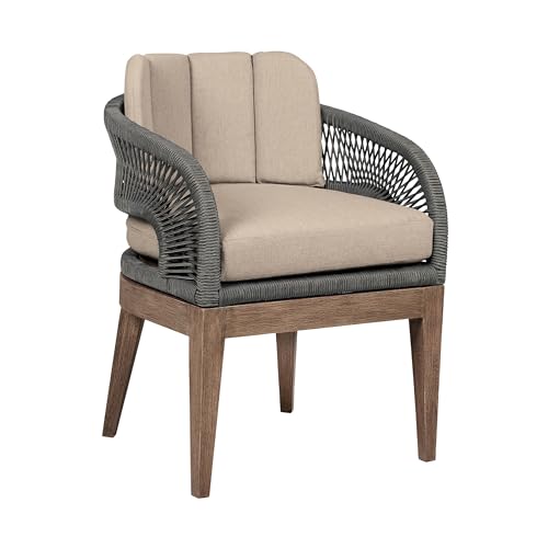 Benzara Kimi 23 Inch Outdoor Patio Dining Chair with Olefin Cushions Woven Rope Brown Gray Taupe