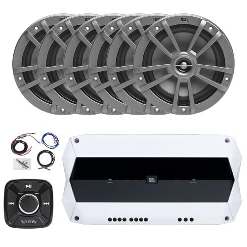 Enrock Marine Flush Mount Pre-Amp Waterproof Bluetooth Controller with 6x 6.5" 180W Peak 2-Way Gray Marine Speakers and 1000W Peak Weather-Resistant 4-Channel Boat Amplifier Kit