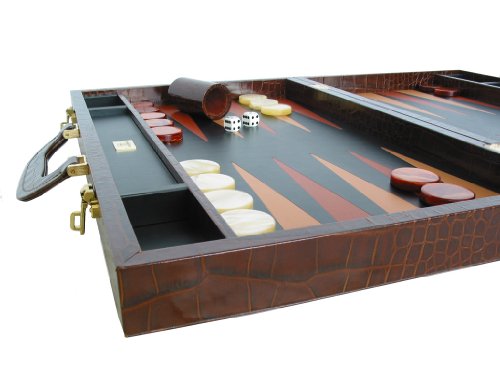 Zaza & Sacci Leather Backgammon Board Set 23" Large Attache Case Croco Brown