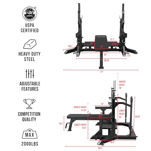 Valor Fitness Olympic Weight Bench with Squat Rack Combo - 6 Gauge Steel - USPA Certified - Adjustable Squat Stands - Black
