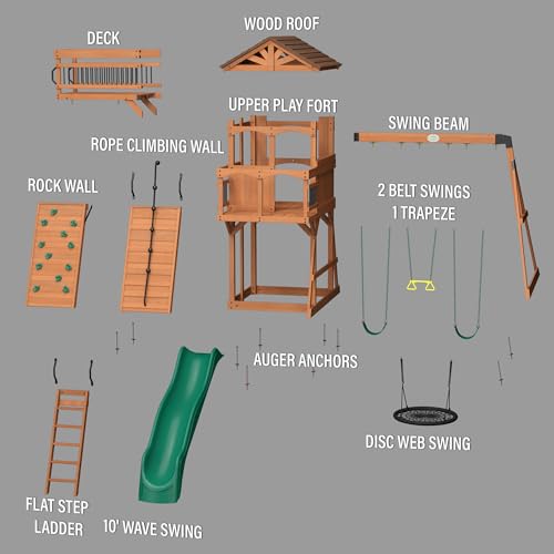 Backyard Discovery Sterling Point Cedar Swing Set with Green Wave Slide & Climbing Wall