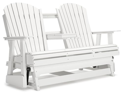 Signature Design by Ashley Hyland Wave Outdoor Glider Loveseat with Drop Down Table and Cup Holders White