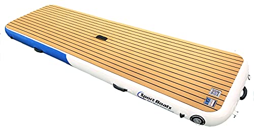 Inflatable Sport Boats Mini Mate Yacht Dock 10' x 3' Inflatable Water Platform White and Blue with Teak Foam Non-slip Top