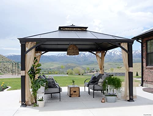 Sunjoy Hardtop Gazebo 11x13 ft Outdoor Patio Black Aluminum Frame Double Tiered with Mesh Netting
