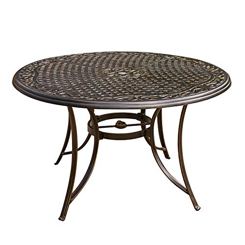 Hanover 5-Piece Traditions 48" Cast-Top Aluminum Patio Dining Set with Cushioned Chairs and Umbrella Stand Blue