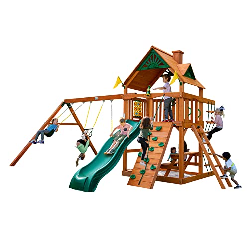 Gorilla Playsets Chateau Swing Set with Wave Slide and Rock Wall Amber