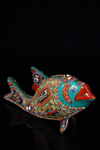 Generic 9" Tibetan Bronze Dzi Beads Carp Statue Ornament