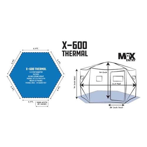 CLAM Thermal Ice Shelter 6 Person Insulated Winter Fishing Hub Tent X-600 Portable Popup Heated Camping House Black Ice Ops