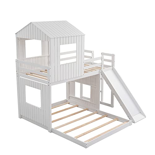 Harper & Bright Designs Twin Over Full House Bunk Bed with Slide and Roof White